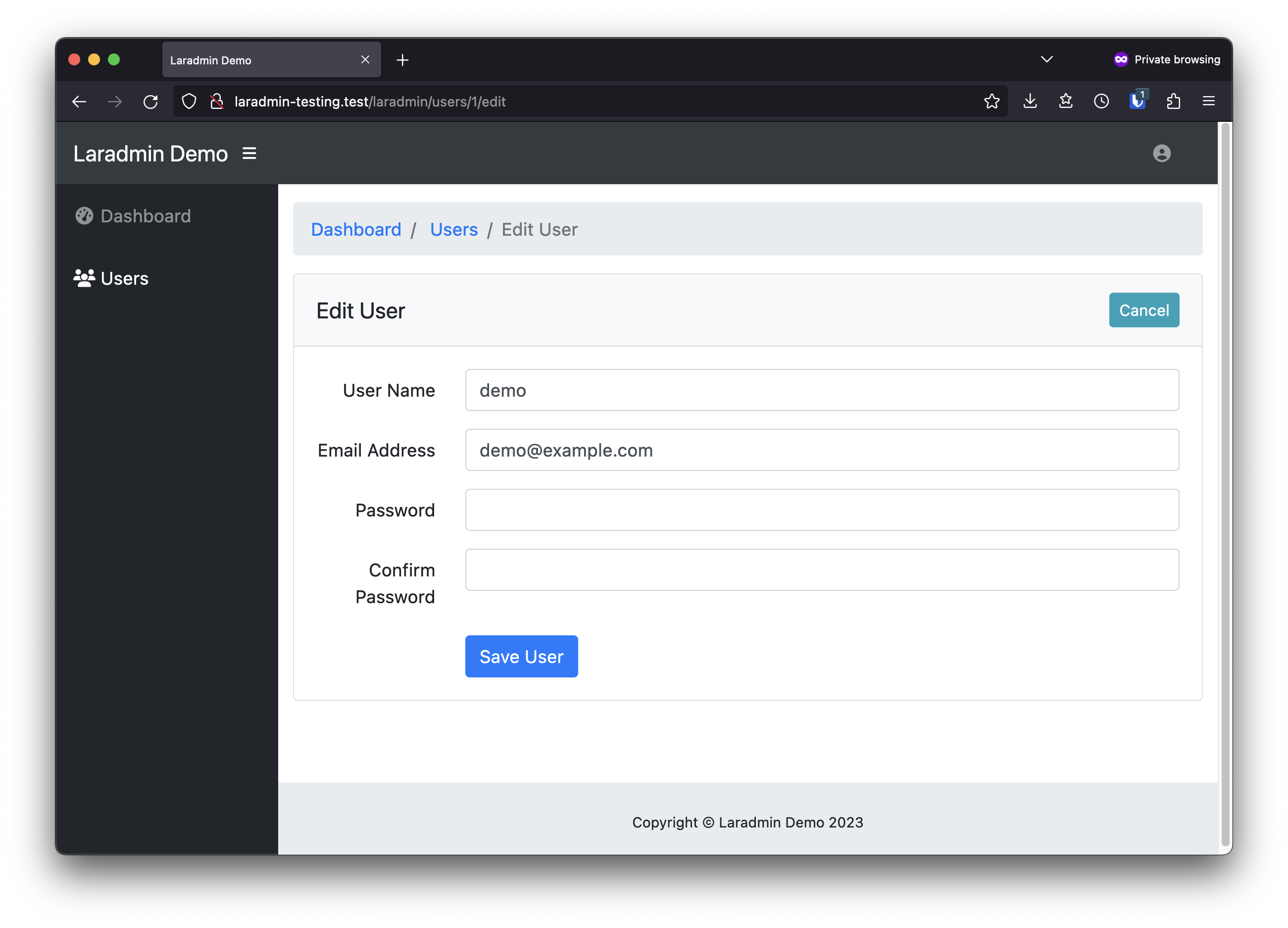 Editing a Page in Laradmin